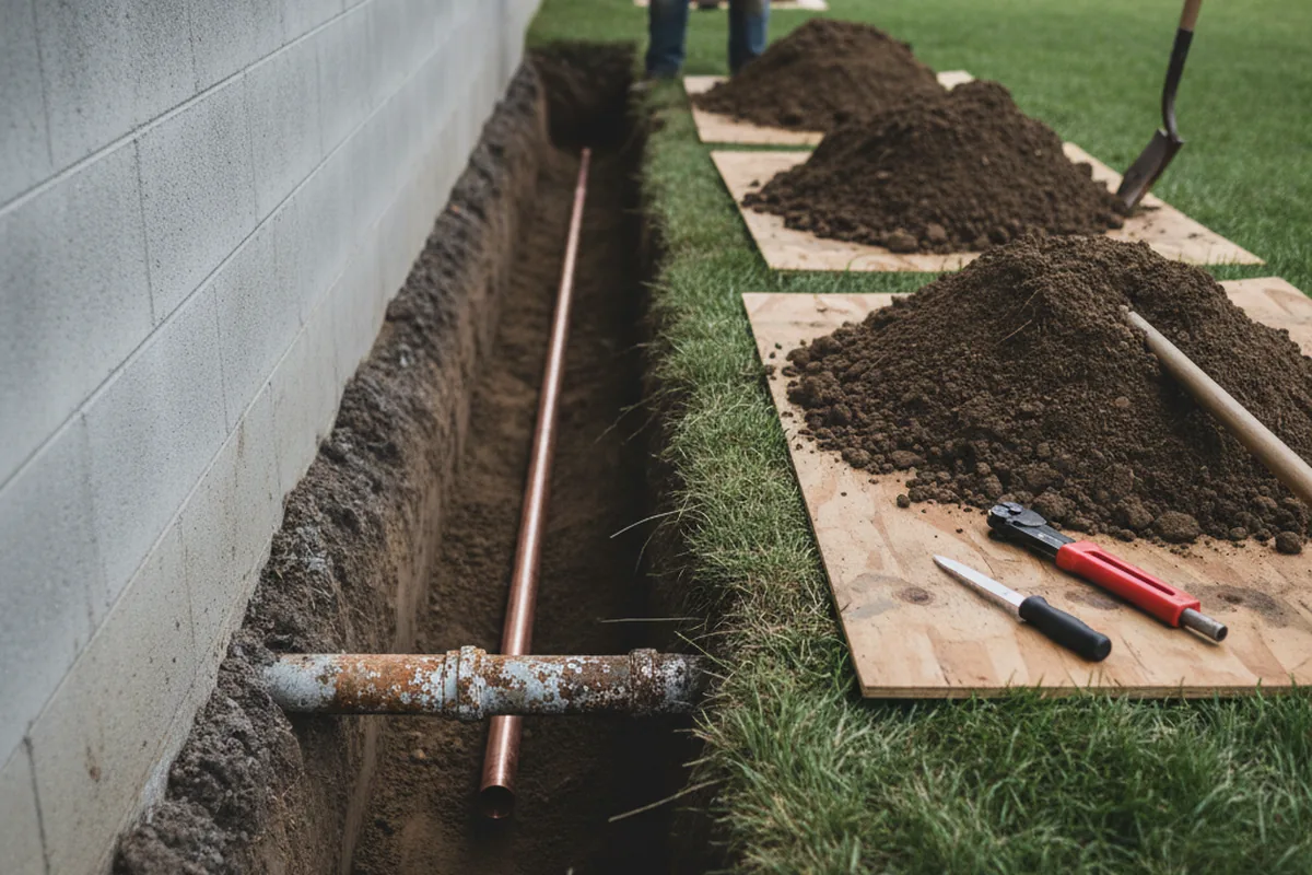 Excavated water line trench during Water Softener Installation in Clear Lake